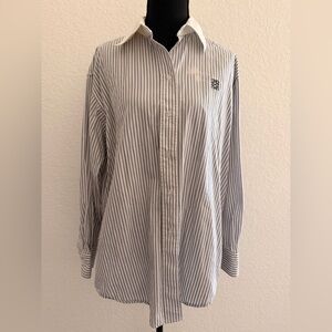 Sandro Oversized Gray Striped Button Down Shirt | White Collar Logo Top